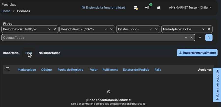 Pestaña Falla en la pantalla de Pedidos