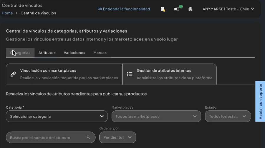 Central de vínculos de categorías, atributos y variaciones