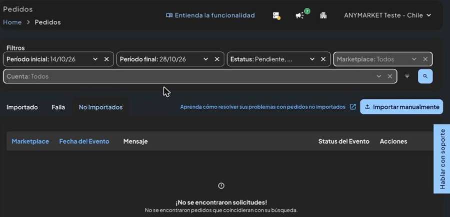 Pestaña No Importados en la pantalla de Pedidos