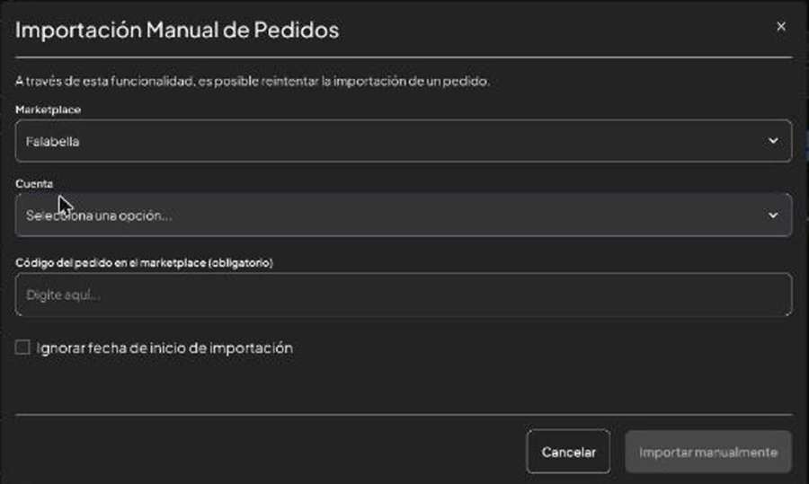 Ventana Importación Manual de Pedidos con Falabella seleccionado
