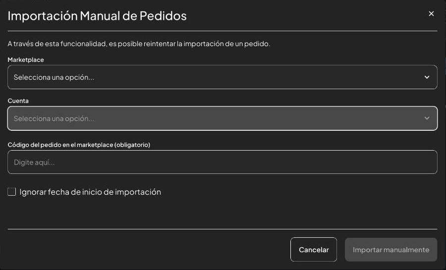 Ventana Importación Manual de Pedidos