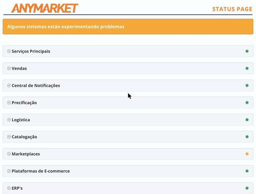 Status Page de ANYMARKET con el estado por servicio