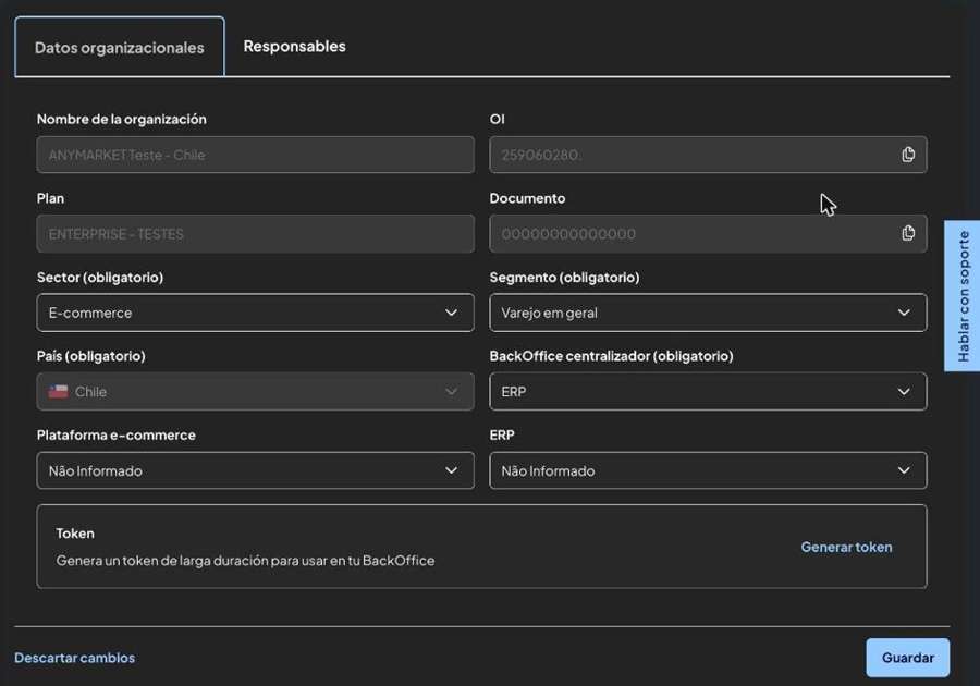 Datos de la Organización con la opción Generar token